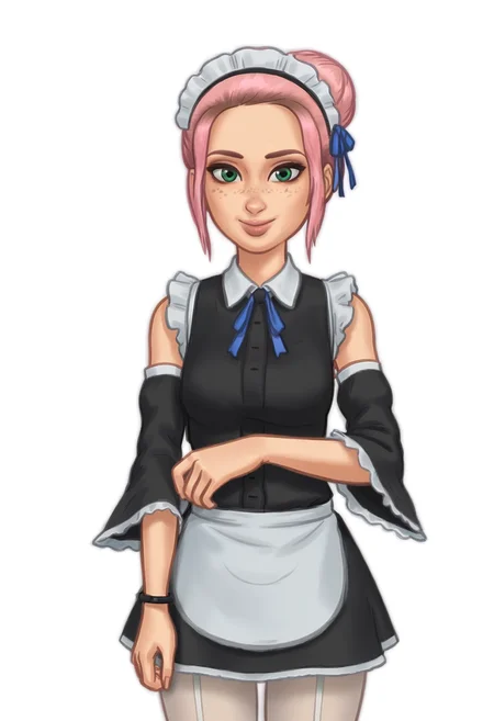 1girl, solo, Br00klynn, green eyes, freckles, pink hair, short hair, single hair bun, bracelet, maid, maid headdress, white apron, waist apron, detached sleeves, wide sleeves, detached collar, hair ribbon, blue ribbon, frilled sleeves, frills, white pantyhose, garter straps, <lora:Brooklynn - Camp Cretaceous-000010:1>, looking at viewer, smile, <lora:SummertimeSagaXL_Pony Reupload:0.9> Drawn in the style of Summertime Saga, cowboy shot, standing, white background, simple background,