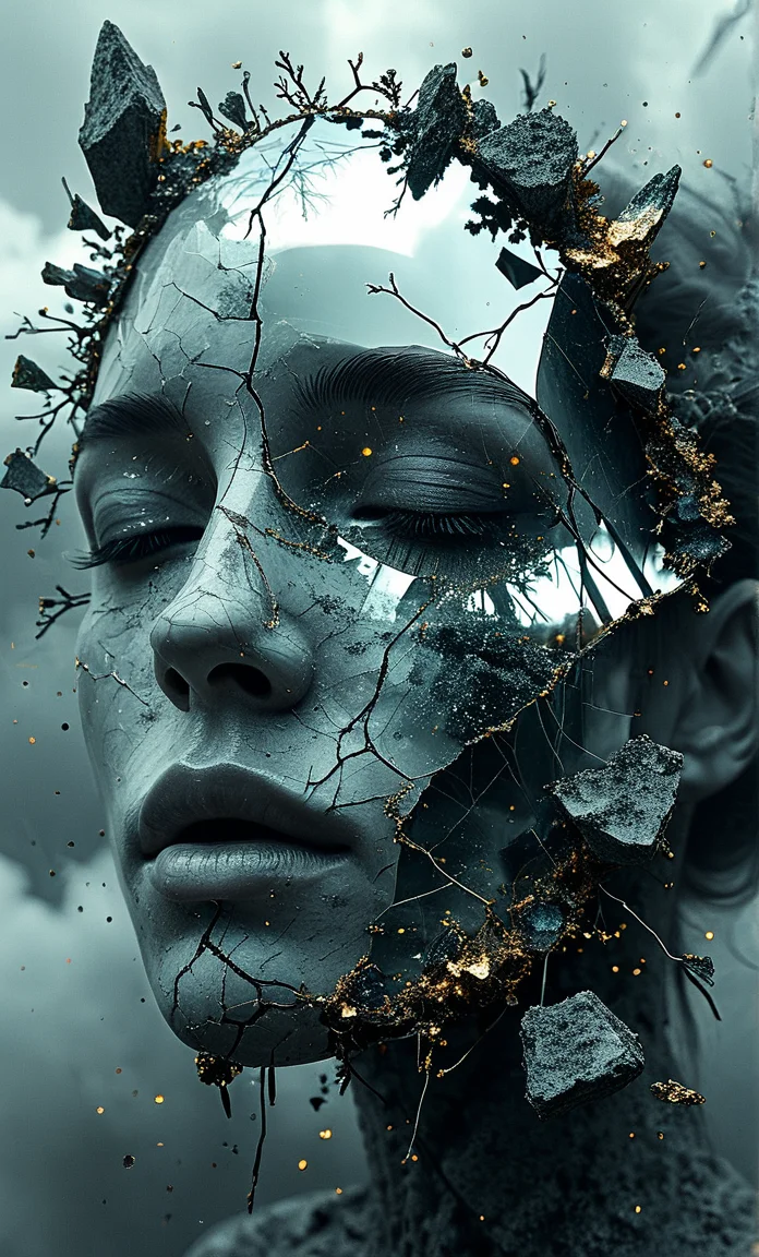 Generate an abstract 3D portrait with disintegrating facial fragments exhibiting intricate glassy textures and grayscales resembling a poignant introspection of fractured identity, embedded in an ominous atmosphere. Fragmented facial forms congregate in mid-air as fissures of silver, gold, and obsidian crystal levitate amidst wispy auroral tendrils that coalesce into a vacant yet ethereal visage lost in melancholic trance, adrift in an elliptical dreamscape. Tendrils of fractured spectral residue weave through a decomposed visage, leaving scattered elliptical splinters that resemble fallen stardust suspended within a boundless dimensional chasm; frayed psyche threads of glacial sorrow still attach to this fractured form. A delicate mesh of crystalline structures unfolding like a tapestry of fragmented memories, each splintered shard levitating within a hazy dreamscape where hues of frosted silver and nebulous gray converge, echoing an atmospheric canvas of nostalgia and ethereal sorrow. Undulating wisps of metallic smoke coalesce into the phantom outline of a visage in flux, as intricate layers of broken mirror-shards crackle and shatter, each fractal fragment bearing an otherworldly patina that defies the passing of time, their collective luminosity imbuing the entire composition with an aura of spectral melancholy, whispers of forgotten memories, and wisps of remnant longing. The obfuscated silhouettes of granite wisps in scattered clouds overlap onto obsidian planes, with shivering crystalline splinters seemingly defying gravity, they encircle a gossamer skeleton that glimmers at the edge of palpability â their shattered profiles splayed into faint harmonies that intermingle space-time distortion and hallucinatory chromatic fragmentation â and there's an agony of quietude hovering about the evanescent borderlands of becoming and vanishing. Triumphant distorted surrealism fractured mirror face shards detritus grey violet black wisps luminance disintegrate fractured glass gloom obfuscation dissolving effervescence darkly mystical introspection. Luxuriant greyscale polychrome crystalline splinter serrated portrait tumultuous monochromatic fractured translucent shards introspective apparitional shades bleak fractured aura gloomily metallic dissolution hauntingly fractal inner. Vitreous crystalline shards of a macabre visage fractured luminosity cryptic iridiscent greyscape wisps bleak fractured surrealist obfuscation ghostly dissolving face polychrome introspection haunting lucidity fractal dissolution aura, Generate an abstract 3D portrait with disintegrating facial fragments exhibiting intricate glassy textures and grayscales resembling a poignant introspection of fractured identity, embedded in an ominous atmosphere. Fragmented facial forms congregate in mid-air as fissures of silver, gold, and obsidian crystal levitate amidst wispy auroral tendrils that coalesce into a vacant yet ethereal visage lost in melancholic trance, adrift in an elliptical dreamscape. Tendrils of fractured spectral residue weave through a decomposed visage, leaving scattered elliptical splinters that resemble fallen stardust suspended within a boundless dimensional chasm; frayed psyche threads of glacial sorrow still attach to this fractured form. A delicate mesh of crystalline structures unfolding like a tapestry of fragmented memories, each splintered shard levitating within a hazy dreamscape where hues of frosted silver and nebulous gray converge, echoing an atmospheric canvas of nostalgia and ethereal sorrow. Undulating wisps of metallic smoke coalesce into the phantom outline of a visage in flux, as intricate layers of broken mirror-shards crackle and shatter, each fractal fragment bearing an otherworldly patina that defies the passing of time, their collective luminosity imbuing the entire composition with an aura of spectral melancholy, whispers of forgotten memories, and wisps of remnant longing. The obfuscated silhouettes of granite wisps in scattered clouds overlap onto obsidian planes, with shivering crystalline splinters seemingly defying gravity, they encircle a gossamer skeleton that glimmers at the edge of palpability â their shattered profiles splayed into faint harmonies that intermingle space-time distortion and hallucinatory chromatic fragmentation â and there's an agony of quietude hovering about the evanescent borderlands of becoming and vanishing. Triumphant distorted surrealism fractured mirror face shards detritus grey violet black wisps luminance disintegrate fractured glass gloom obfuscation dissolving effervescence darkly mystical introspection. Luxuriant greyscale polychrome crystalline splinter serrated portrait tumultuous monochromatic fractured translucent shards introspective apparitional shades bleak fractured aura gloomily metallic dissolution hauntingly fractal inner. Vitreous crystalline shards of a macabre visage fractured luminosity cryptic iridiscent greyscape wisps bleak fractured surrealist obfuscation ghostly dissolving face polychrome introspection haunting lucidity fractal dissolution aura, fine detail, polished, sharp focus, spiritual illumination, aesthetic color, illuminated, rich deep colors
detailxl <lora:add-detail-xl:2>  <lora:Flux-style-xl-lora:0.55>   <lora:MJ52:0.6>