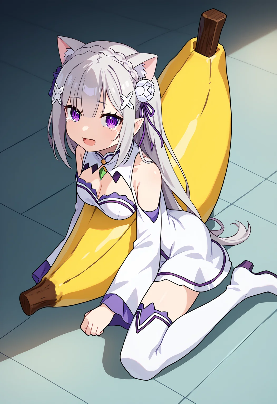 score_9, score_8_up, score_7_up, source_anime,
BREAK
1girl, solo,
<lora:shiEmiliaV2:0.75> shimilia, long hair, grey hair, purple eyes, pointy ears, crown braid, hair flower, hair ribbon, purple ribbon, x hair ornament, white dress, cleavage, bare shoulders, wide sleeves, white thighhighs, thigh boots,
<lora:shiBananaV1:1.3>, shibananaoutfit, banana costume,
full body,
open mouth, smile, looking at viewer,
cat girl, chibi, cat ears, crying, meme, official alternate costume