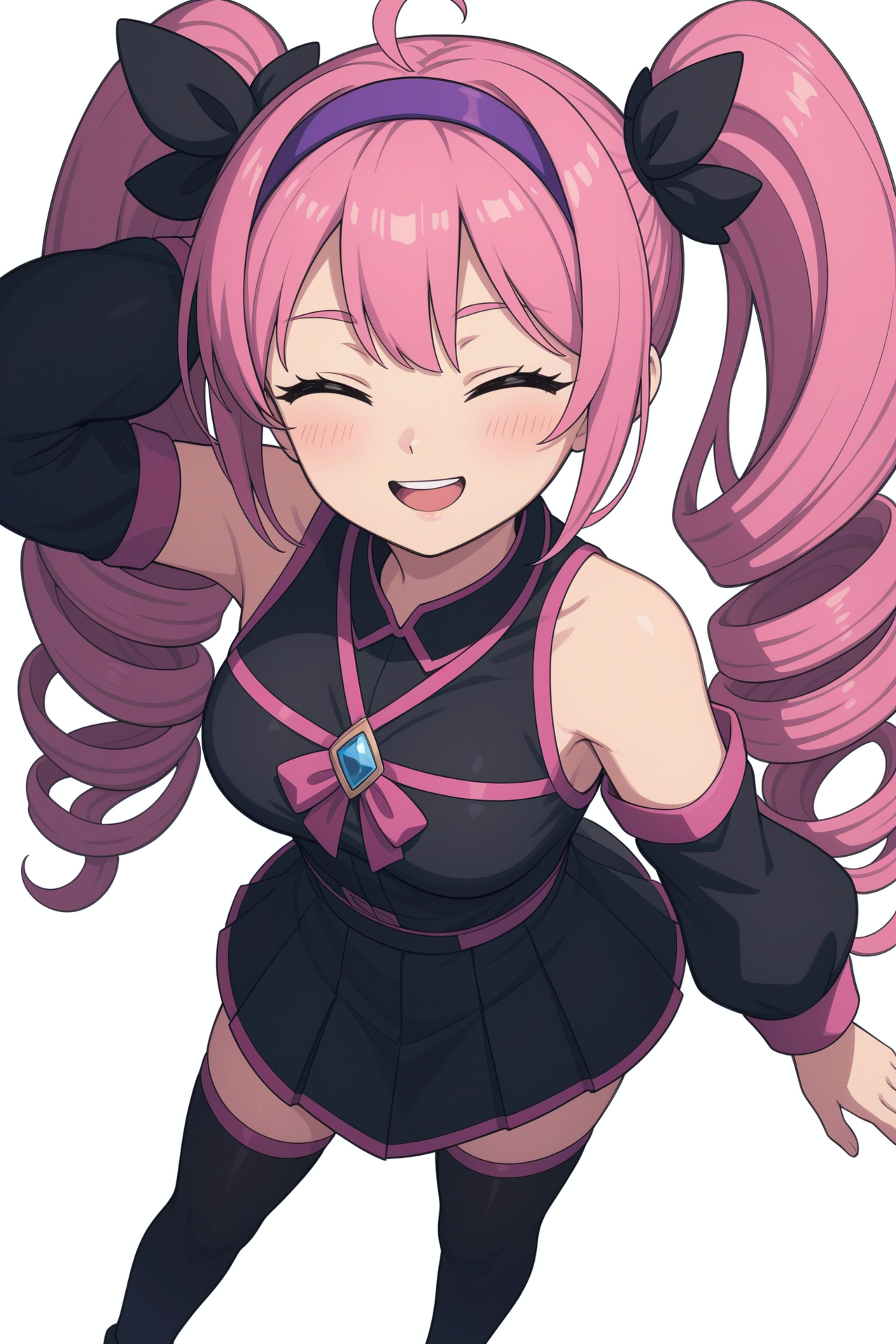 score_9, score_8_up, score_7_up, 1 girl
,skirt,open mouth,kasane teto,pleated skirt,utau,thighhighs,long sleeves,ahoge,detached sleeves,pink hair,1girl,long hair,black skirt,twin drills,white background,samsap,closed eyes,blush,simple background,purple hairband,smile,pink trim,from above,bare shoulders,solo,pixel art,highres,hairband,black thighhighs,black shirt,shirt,drill hair