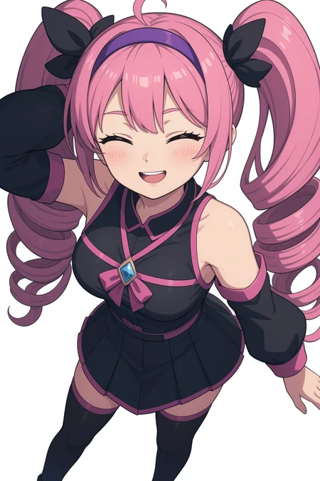 score_9, score_8_up, score_7_up, 1 girl
,skirt,open mouth,kasane teto,pleated skirt,utau,thighhighs,long sleeves,ahoge,detached sleeves,pink hair,1girl,long hair,black skirt,twin drills,white background,samsap,closed eyes,blush,simple background,purple hairband,smile,pink trim,from above,bare shoulders,solo,pixel art,highres,hairband,black thighhighs,black shirt,shirt,drill hair