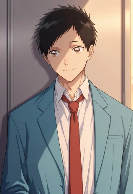masterpiece,best quality,amazing quality,
taikinomata, 1boy, male focus, solo, brown eyes, black hair, short hair, school uniform, shirt, white shirt, collared shirt, necktie, red necktie, jacket, blazer, blue jacket, long sleeves, open jacket, open clothes, smile,