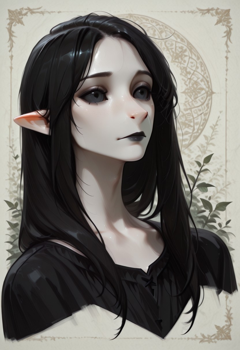 1 person, (lapanya, snout nose:1.6), solo, androgynous, (pointy ears), sleek hair, straight hair, long hair, black hair, straight hair, parted bangs, hair over shoulders, ((black sclera, black eyes:1.5)), (very pale skin, white skin), ((full lips, black lipstick)), black cloak, low collar, collarbone, side view,
3/4 view, head focus,
Medieval style, Smooth colors, detailed face, smooth skin, smooth nose, organic cavern background, clean lines, high quality, best quality, masterpiece, rating: safe, source: semi-realistic,
