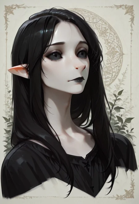 1 person, (lapanya, snout nose:1.6), solo, androgynous, (pointy ears), sleek hair, straight hair, long hair, black hair, straight hair, parted bangs, hair over shoulders, ((black sclera, black eyes:1.5)), (very pale skin, white skin), ((full lips, black lipstick)), black cloak, low collar, collarbone, side view,
3/4 view, head focus,
Medieval style, Smooth colors, detailed face, smooth skin, smooth nose, organic cavern background, clean lines, high quality, best quality, masterpiece, rating: safe, source: semi-realistic,
