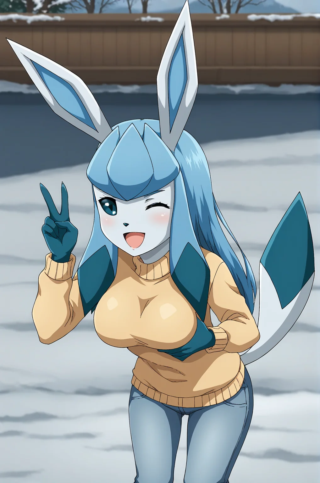 score_9, score_8_up, score_7_up, source anime, anime, animification, anime screencap, anime coloring, vivid colors, shiny skin, skindentation, deep skin, depth of field, high quality, highres, (dynamic angle,dynamic pose),
glaceonbf1, 1girl, solo, long hair, looking at viewer, blush, open mouth, smile,blue eyes, large breasts, outdoors, snow, animal ears, medium breasts, coat, blue hair, tail, sidelocks, jeans, one eye closed, standing, colored skin, furry, colored sclera, sky, blue skin, furry female, body fur, white eyes, blue fur, furrification, blue sclera, glaceon, pokemon \(creature\), fur trim, sweater, v
BREAK
masterpiece,high quality
<lora:Glaceon_bbmbbf_v1:0.9>
