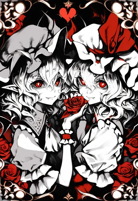 2girls, multiple girls,
flandre scarlet, remilia scarlet,
monochrome, greyscale, siblings, hat, sisters, mob cap, wings, rotational symmetry, playing card, looking at viewer, card, ascot, flower, jewelry, hat ribbon, bat wings, ribbon, smile, spade \(shape\), card \(medium\), diamond \(shape\), crystal, brooch, symmetry, upper body, rose, closed mouth, medium hair, short sleeves, heart, pointy ears, holding hands, shirt, puffy short sleeves, diamond-shaped pupils, red flower, spot color, hair between eyes, leaf, hand on own face, heart brooch, third eye, hands up, puffy sleeves, holding card, red eyes, split screen, wide sleeves, red ribbon, red rose, slit pupils, sideways glance, one side up, vest, wrist cuffs, shiny colors miharu everanding \(meme\), meme, hand on own cheek, holding, hair ornament, fang, symbol-shaped pupils, from side,
score_9, score_8_up, score_7_up, score_6_up
<lora:banpaiakiraXL_P6_lokr_V4236:0.95>