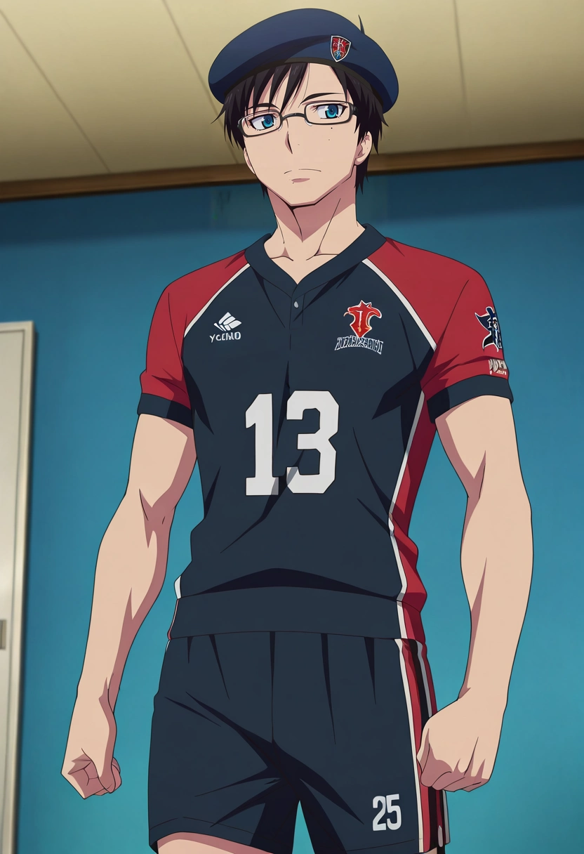 masterpiece, best quality, , anime screencap, anime coloring, official style, , 1boy, solo, male focus, <lora:yukio_okumura_ilxl:1>, yukio_okumura, black hair, blue eyes, mole, mole under eye, glasses, black-framed eyewear, , RustRed Lace Tailored shorts, Sports jersey, , Beret,