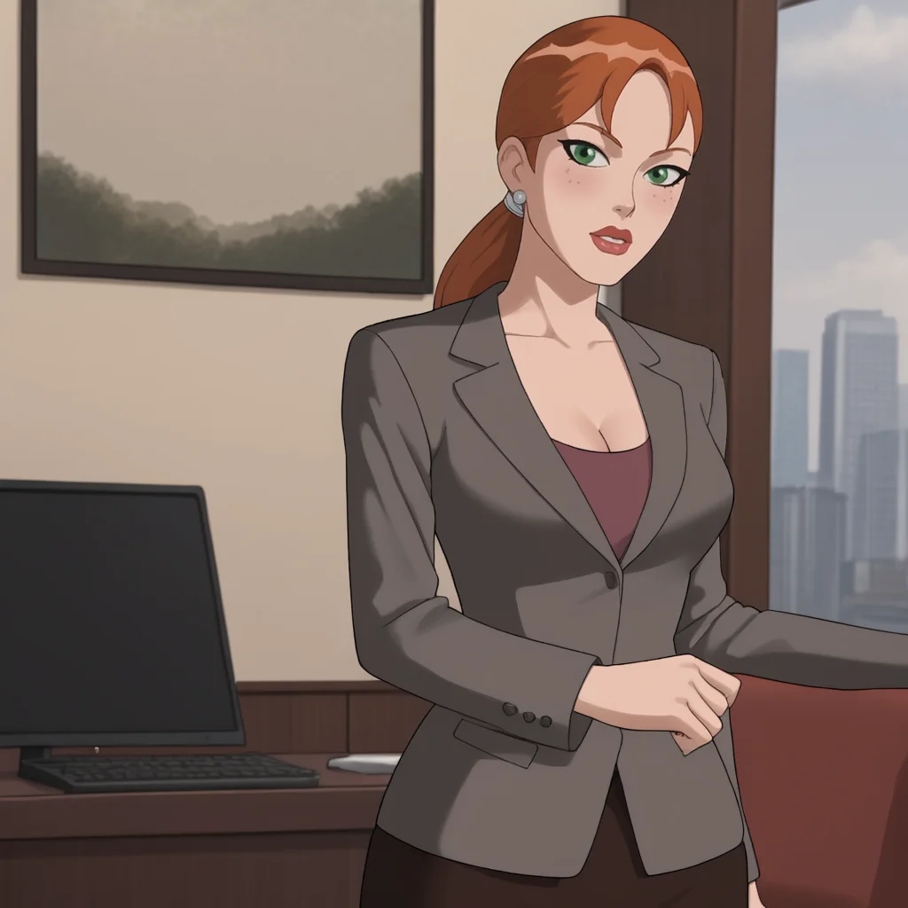 <lora:pepperpottsemh_pony_v1:.7> pepperpottemh, 1girl, pencil skirt, green eyes, earrings, jewelry, ponytail, long hair, office lady, jacket, lipstick, formal, suit, brown hair