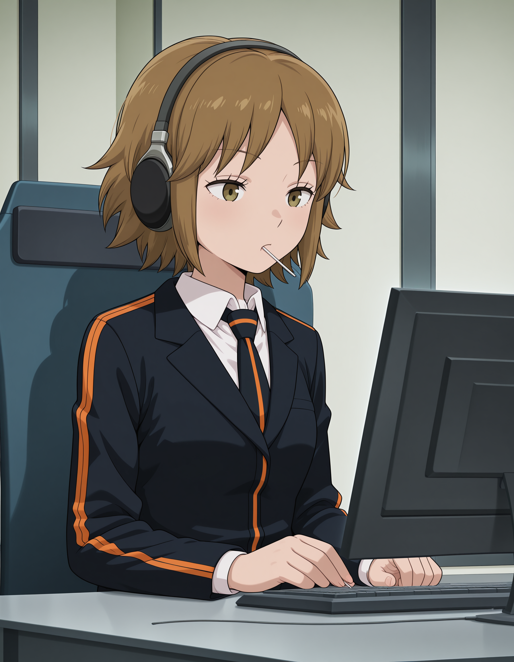 <lora:WorldTrigger_OsanoRui_V1[IL]:1> osano rui, sitting, computer, operator uniform, headphones, (lollipop:.6),, masterpiece,best quality, very aesthetic,absurdres,newest,