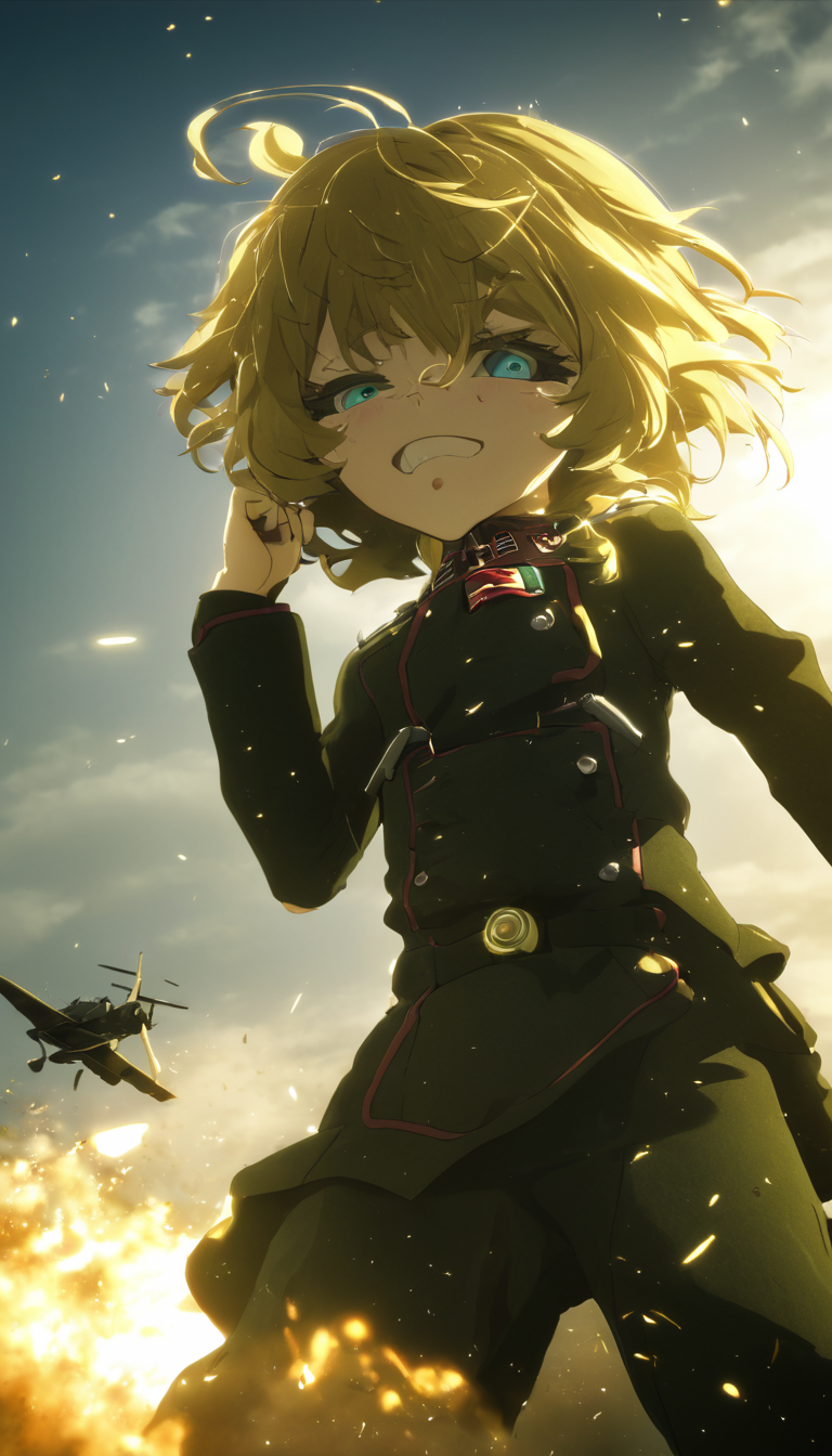 Cinematic scene, hero view, Tanya Degurechaff , Youjo Senki, action pose, detailed background, masterpiece, best quality, high quality, absurdres  <lora:tanya_degurechaff_xl_v4:1>