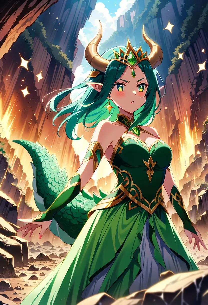 masterpiece, best quality, high quality, intricate, absurdres, very aesthetic,
1girl, 1woman, dragon woman, green dragon woman, earth dragon woman, (dragon horns), green dragon tail, medium hair, side ponytail, hair above cheeks, green hair, brown hairtips, brown highlights, gradient hair, two-tone hair, green eyes, medium breasts, pointy ears, angry,
frilly elegant dress, leaf brooch, leaf earrings, leaf accessories, tiara, diadem,
glossy lips, full eyelashes, blush, makeup,
(sparkles, sparkling clothes, sparkling eyes), sparking leaves,
landscape, cave, stalactites, stalagmites, overgrown, vines, thorns, dirt, (earthquake, falling rocks:1.2), boulders, devastation, cracked earth, earth magic,
dutch angle, cowboy shot, cinematic style, highly detailed, extremely detailed, sharp detail, majestic, shallow depth of field, movie still, soft light, circular polarizer, colorful, wallpaper, professional, anime