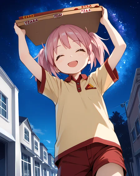 score_8_up, score_7_up, score_6_up, source_anime,good_hands, better_hands,<lora:pony_good_hands:0.1>
8k, (Max resolution, Masterpiece, perfect lines, high-res, absurdres, incredible quality,detailed_eye_model, High detailed skin, High detailed background:1.0),uncensored,
(one hand is 4 finger and 1 thumb:0.5),High detailed face, High detailed hand,High detailed fingers,detailed foot,BREAK,
1girl,girl focus,solo
( small breasts,    :1.2),
madoka kaname, twintails, short hair,pink hair, red eyes, <lora:Madoka-Madoka_Kaname-PDXL:0.6>
yellow shirt,red short shorts, head tilt, dutch angle, (upper body:1.2), from below, 
pizza box, employee uniform, pov, pizza delivery, <lora:GettingPizzaDeliveredPOV_pdxl_Incrs_v1:0.7>, holding, (Girl the holding up a pizza box,raise both hands to the sky,raise both hands to the sky,arms above head:1.4),(gigantic pizza box:1.2),(close up face:1.2),blush, (bottom of a pizza box,closed eyes, open mouth, happy,smile:1.2), 
(fisheye,outdoors, starry sky,night:1.4),<lora:doorFisheyeConceptPDXL_v10:0.8>
(petite girl,child girl,skinny girl:0.8), <lora:skinny_body:0.1>
