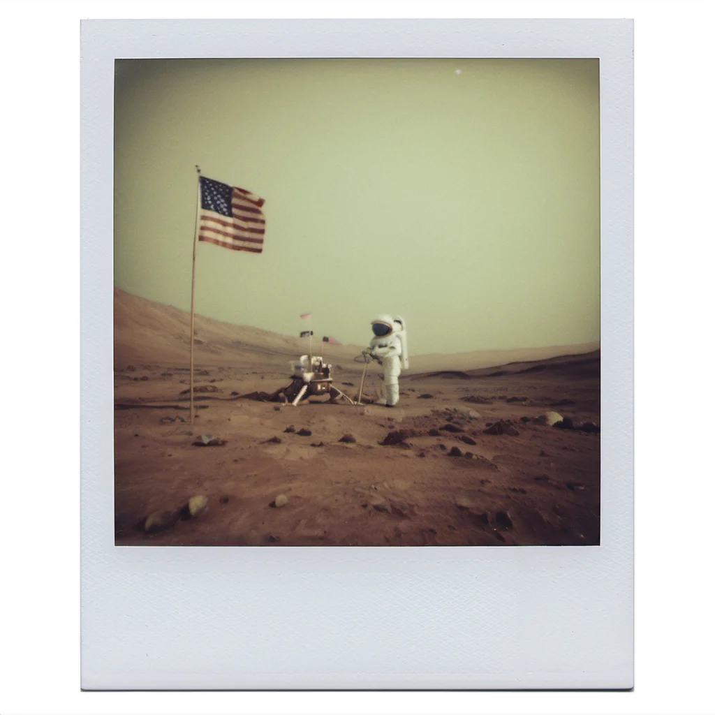polaroid of An astronaut planting a flag on an alien planet, spacecraft looming nearby. <lora:Polaroid_XL:1>