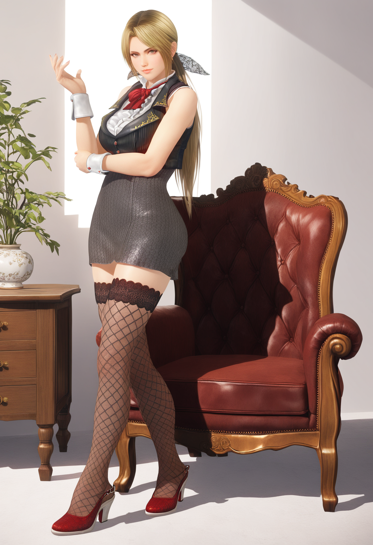 masterpiece,best quality,high score,great score,absurdres,ultra details,realistic,
helena \(doa\),low ponytail, forehead, curtain bangs, sidelocks, black hair bow, lace hair bow,
standing, hand up, spread fingers, hand on own elbow, looking at viewer, closed mouth,
black hair bow, lace hair bow,bowtie, dark_red_bowtie, white shirt, ruffled shirt, mandarin collar shirt, sleeveless shirt, shirt under vest, shirt tucked in, yellow patterned lapel, black collared vest, lapel vest, vertical-striped vest, button_(fastener), dark grey pencil skirt, high-waist skirt, honeycomb_pattern_skirt, 
white wrist cuffs, fishnet thighhighs, lace-trimmed thighhighs, dark red heels, slingback_heels, crocodile_grain_heels, shoe strip buckle,full body,
antique_furniture,elegant chairs,natural lighting,string,indoors,
 <lora:doa_helena_Anim4gine_v10:0.85>