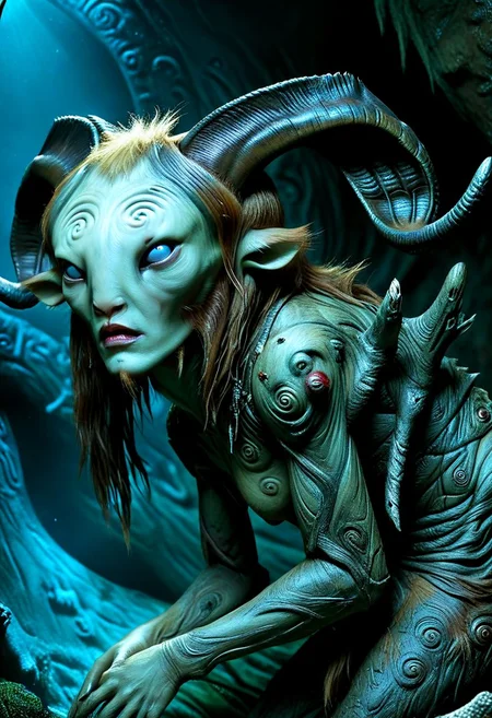 Horror_cg, Pans Labyrinth style cg_darkscifi beautiful fluffy animal alien, ultra high res, food, analog, fine art, animal ears, bioluminescence, cover art, majestic, 8k uhd, cinematic, great art, midnight, dark theme, UHD, disturbing, subsurface scattering, abstract, mountain, mask, unsettling