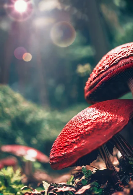 score_9, score_8_up, score_7_up, forest, red mushroom, sunny, lens flare, close-up, highly detailed, mossy stones, dew <lora:zy_Realism_Enhancer_v2:0.9>