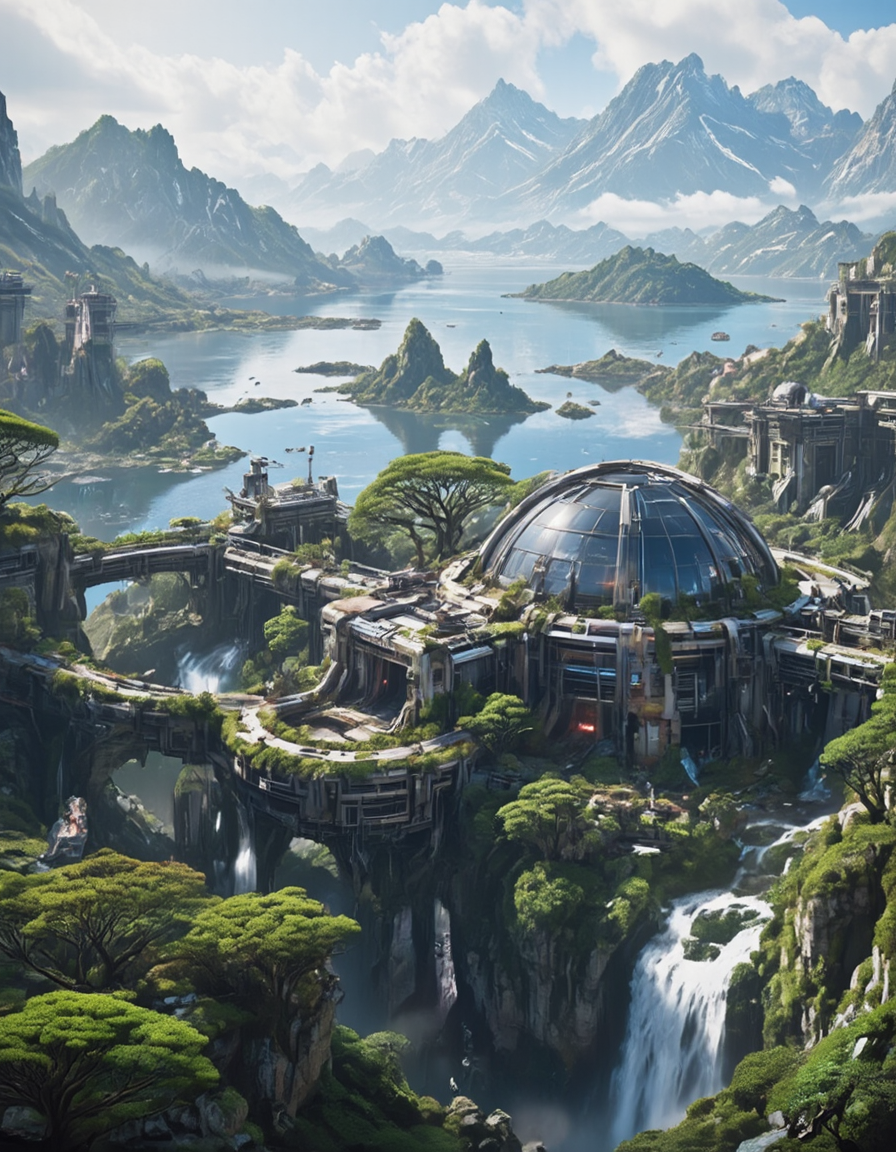 <lora:SWL_Stations1flux:1> lostst1, cyberpunk, sea, mountains, aerial view, scientific complex, trees, glass dome, metallic, waterfall, photo