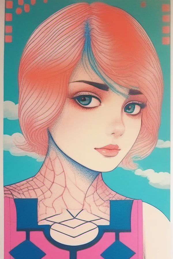 <lora:risograph-sdxl:1>,  risograph, beautiful woman, detailed blouse, pants, perfect face, big gorgeous eyes, anime style, clean lines, realism