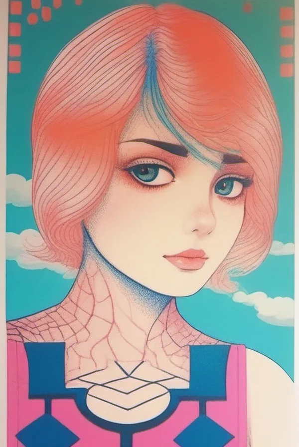 <lora:risograph-sdxl:1>,  risograph, beautiful woman, detailed blouse, pants, perfect face, big gorgeous eyes, anime style, clean lines, realism