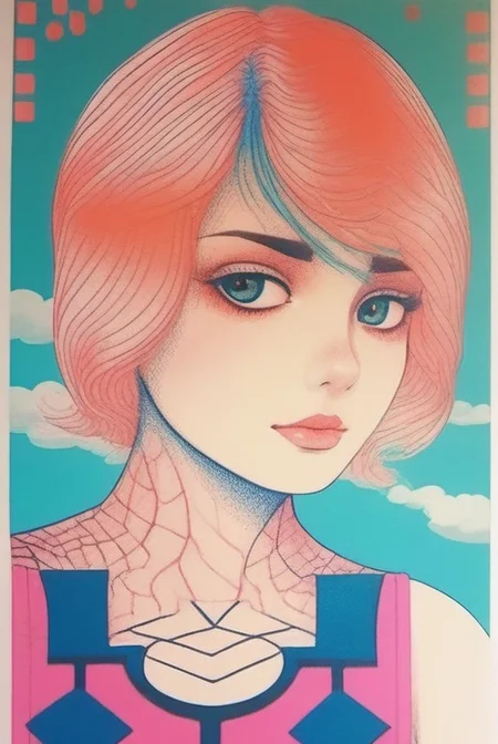 <lora:risograph-sdxl:1>,  risograph, beautiful woman, detailed blouse, pants, perfect face, big gorgeous eyes, anime style, clean lines, realism