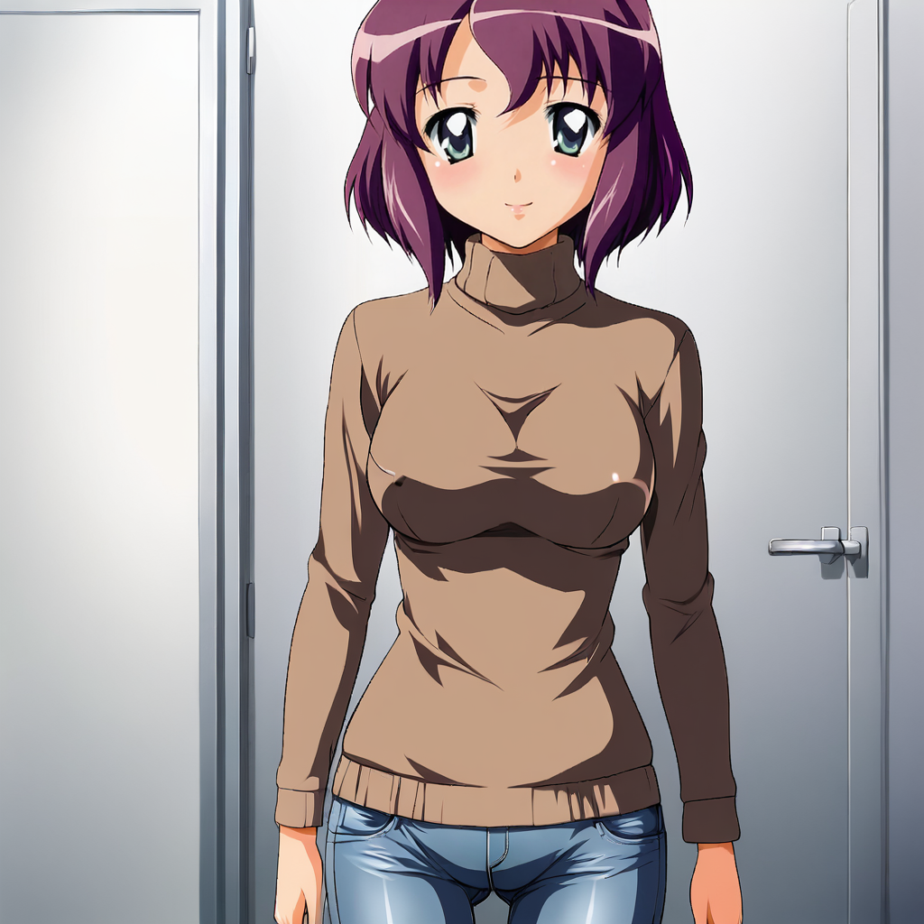 <lora:henriettafamiliararofzero_pony_v1:.8>  HenriettaSchool, 1girl, medium breasts, short hair, purple hair,  cowboy shot, sweater, jeans