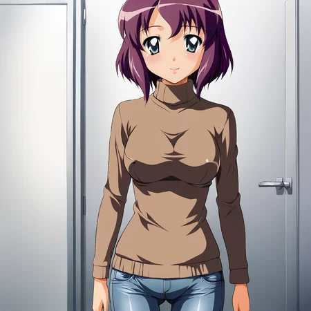 <lora:henriettafamiliararofzero_pony_v1:.8>  HenriettaSchool, 1girl, medium breasts, short hair, purple hair,  cowboy shot, sweater, jeans