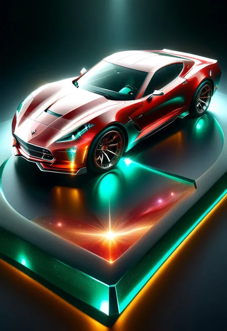 A futuristic car made entirely of transparent crystal that has  hints of a 1955 Corvette sting ray convertible. It is  entirely made out of transparent red glass crystal with a depth that reflects what looks like the universe of galaxies and stars, ultra detailed, enhanced, prismatic colors, render, CRU, sharp, 8k, octane render, cinema 4d, blender, dark, atmospheric 4k ultra detailed, cinematic, Sharp focus, big depth of field, Masterpiece, colors, 3d octane render, 4k, concept art, hyperrealistic, Vivid colors, extremely detailed 8k wallpaper, Intricate, High Detail. Car has square LED headlights, a glowing LED Sting Ray  emblem. LED running lights  Car is in a futurist high tech dealer showroom on a circular platform that is lit from below. The car has several spotlights on it which only enhance the crystal.  camera is looking down and sideways as the car. emeraldmorph