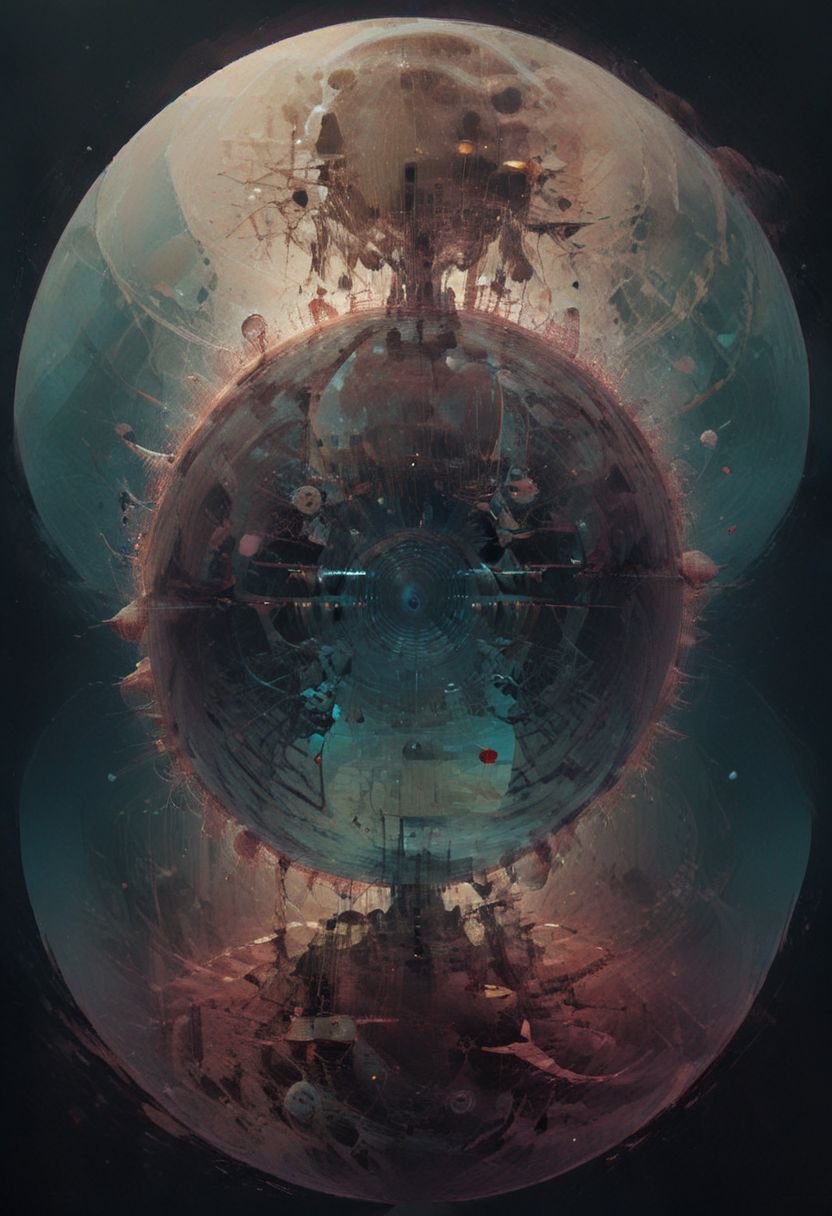 Surreal circles glitchcore, double exposure, poster style, geometric, circles and spheres, glitchy, eerie