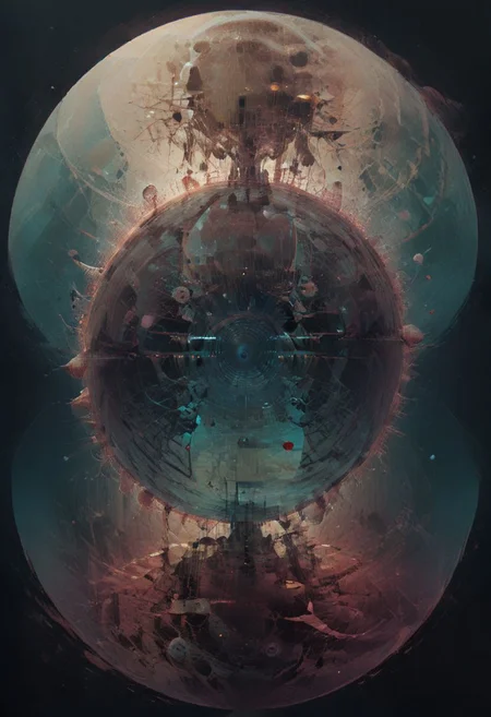 Surreal circles glitchcore, double exposure, poster style, geometric, circles and spheres, glitchy, eerie