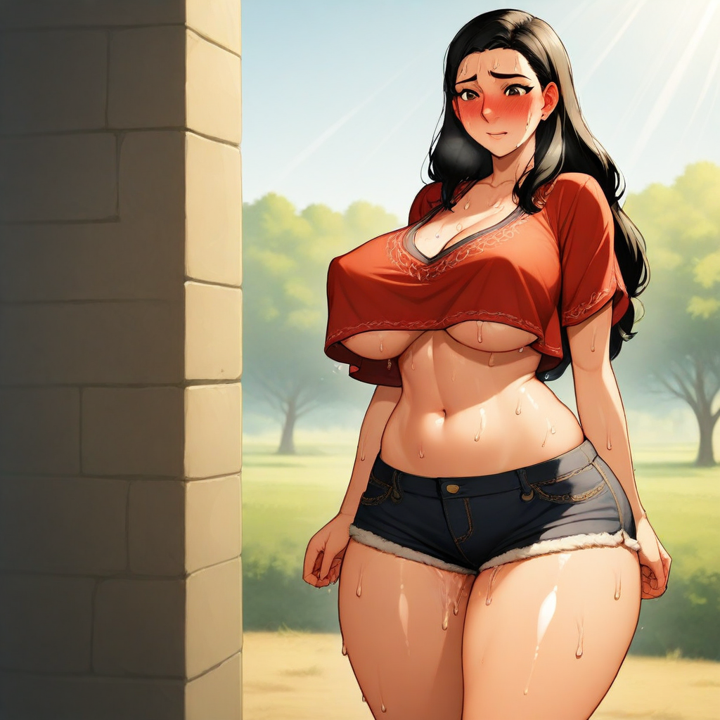 An illustration of a Amir Halgal from the Manga otoyomegatari. She has long black hair and detailed brown eyes. she wears traditional turkish or kazakh clothing. Her breasts are large and her body is sweaty, she is blushing, and her skin is flushed, creating a sense of nervousness and arousal. the overall style of the illustration is anime-inspired. 1girl, amir halgal, 4M1RH4LG4LV1, BREAK, long hair, milf, (detailed face), (detailed skin), detailed eyes, curvy, perky breasts, crop top overhang, short shorts, underboob, thick thighs, athletic, flushed skin, blushing, shiny skin, sweat, outdoors, sunlight