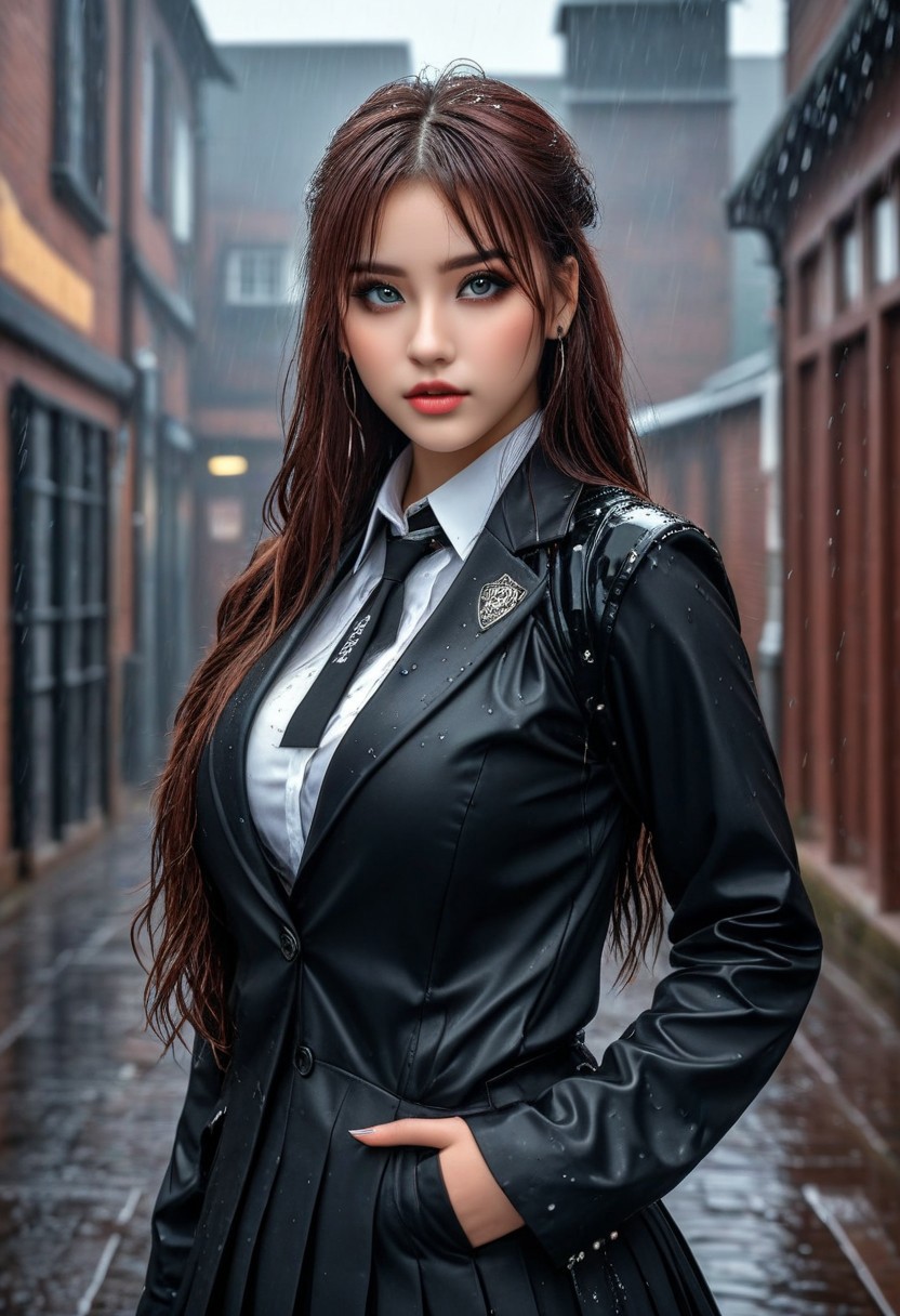 18yo student, busty female, adorable face, long hair, dynamic makeup, alleywall background, 
kibito high school uniform, black jacket, long sleeves, (8k) (HDR), (wide angle:1.4),