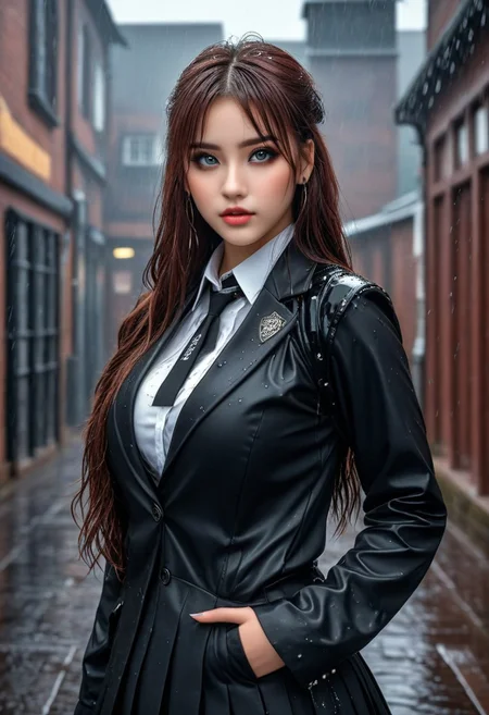 18yo student, busty female, adorable face, long hair, dynamic makeup, alleywall background, 
kibito high school uniform, black jacket, long sleeves, (8k) (HDR), (wide angle:1.4),