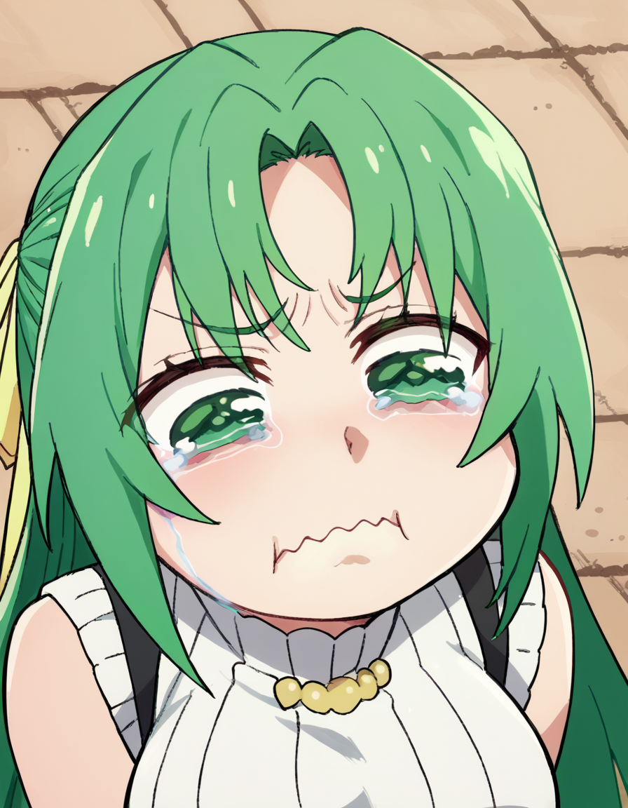score_9, score_8_up, score_7_up, source_anime, <lora:shion-sonozaki-s4-ponyxl-lora-nochekaiser:1>, shion sonozaki, long hair, green eyes, green hair, parted bangs, hair ribbon, large breasts, <lora:aqua-about-to-cry-ponyxl-lora-nochekaiser:1> crying aqua, crying aqua (meme), crying, tearing up, tears, wavy mouth,, ,