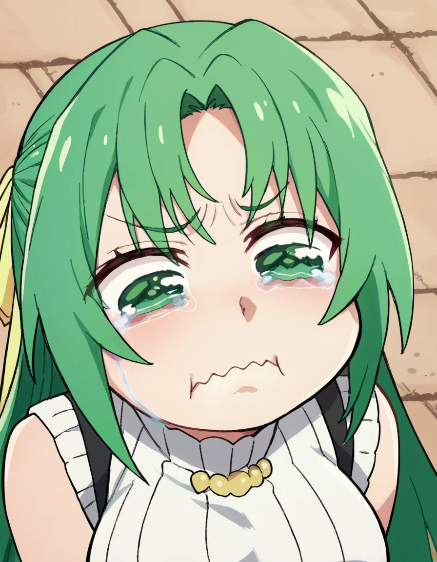 score_9, score_8_up, score_7_up, source_anime, <lora:shion-sonozaki-s4-ponyxl-lora-nochekaiser:1>, shion sonozaki, long hair, green eyes, green hair, parted bangs, hair ribbon, large breasts, <lora:aqua-about-to-cry-ponyxl-lora-nochekaiser:1> crying aqua, crying aqua (meme), crying, tearing up, tears, wavy mouth,, ,