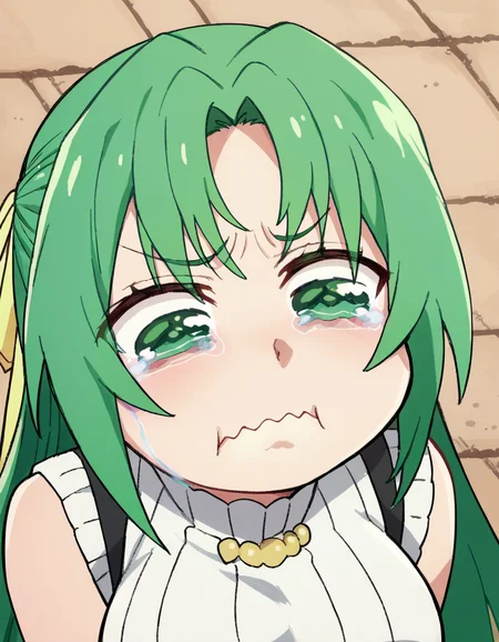 score_9, score_8_up, score_7_up, source_anime, <lora:shion-sonozaki-s4-ponyxl-lora-nochekaiser:1>, shion sonozaki, long hair, green eyes, green hair, parted bangs, hair ribbon, large breasts, <lora:aqua-about-to-cry-ponyxl-lora-nochekaiser:1> crying aqua, crying aqua (meme), crying, tearing up, tears, wavy mouth,, ,