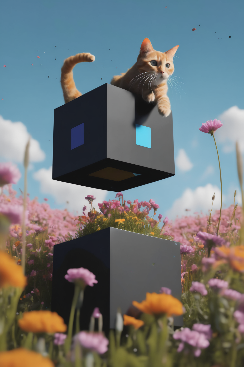 <lora:Levitating Cube:1>Levitating Cube - a cat chasing a floating cube through a field of flowers