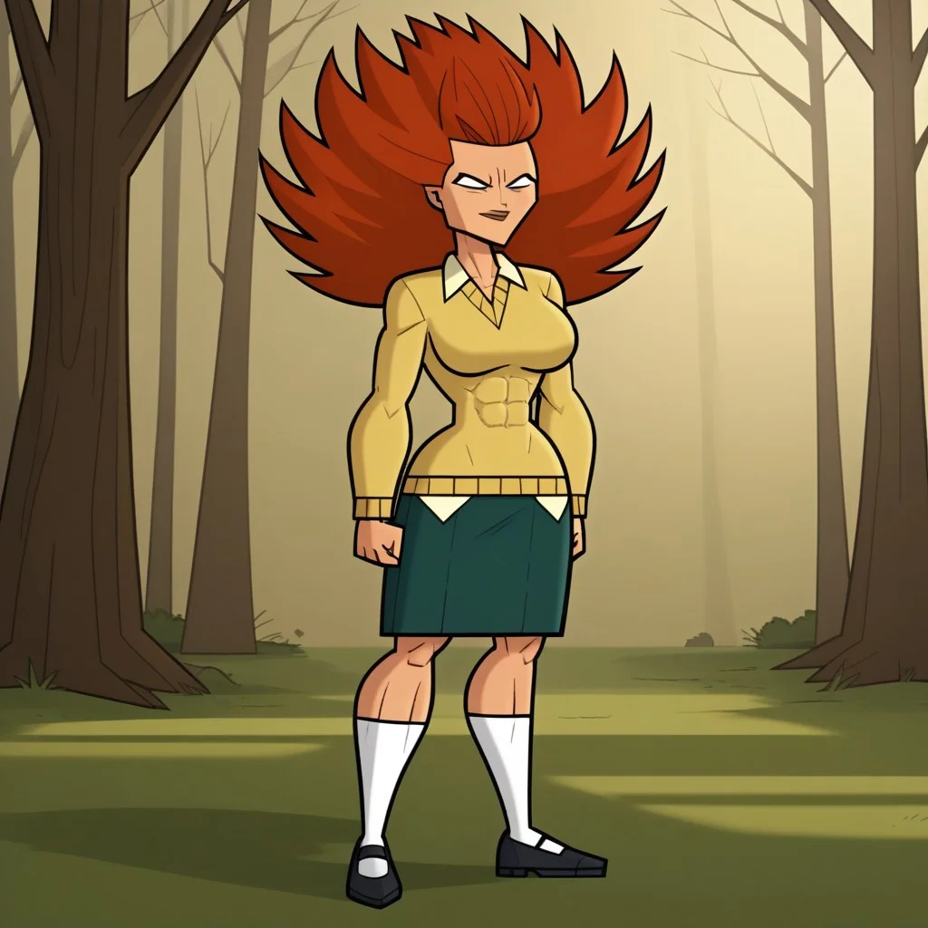 score_9, score_8, BREAK, solo, 1girl, yellow sweater, collared shirt, green skirt, white socks, black footwear, red hair, long hair, spiked hair, blank eyes, no pupils, muscular muscular female, abs, alternate muscle size, tall, big breasts, total drama, Evil_Scarlett_(Total_Drama), tdpi, legendary super saiyan, sexy pose, smile, outdoors, sunlight, shadows, evening lighting, natural lighting, forest, trees, grass, orange sky, sunset