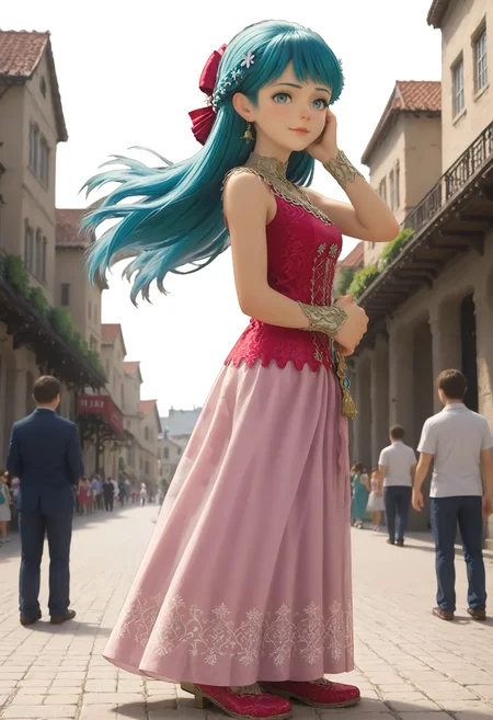 <lora:Hyper-SDXL-8steps-lora:1> <lora:Fixhands_anime_bdsqlsz_V1:1> zPDXL2, score_9, score_8_up, score_7_up, masterpiece, best quality, absurdres, high resolution, 8k, official art, official style, source_anime, uncensored, anime screencap, anime coloring, megami magazine, (ai-generated:0.6),
1girl, DQYS-flora, aqua hair, long hair, aqua eyes, earring, hair ornament, choker, pink dress, bracelet, long skirt, red shoes,
standing, cowboy shot, wind, hair flowing in the wind, from side, looking at viewer, hand in own hair, Teasing, A playful smirk, a raised eyebrow, and a hint of dominance., outdoors, city, audience, crowd, solo, solo focus,
<lora:DQYS-flora_XL(pony)v10:1>