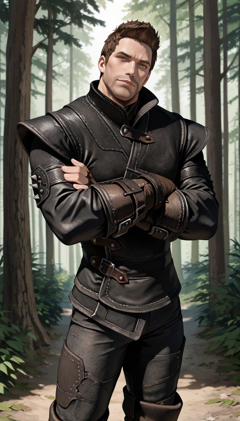 masterpiece, best quality, newest, perfect quality, best quality, detailed background, intricate details, male focus, solo, <lora:Skyrim Romance Mod - Bishop - Illustrious 2-000007:0.7>, srm_bishop, 1boy, mature male, brown hair, very short hair, yellow eyes, stubble, leather armor, fingerless gloves, pants, boots, forest, looking at viewer, head tilt, crossed arms, upper body, three quarter view