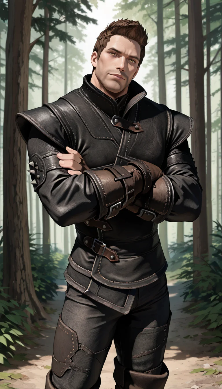 masterpiece, best quality, newest, perfect quality, best quality, detailed background, intricate details, male focus, solo, <lora:Skyrim Romance Mod - Bishop - Illustrious 2-000007:0.7>, srm_bishop, 1boy, mature male, brown hair, very short hair, yellow eyes, stubble, leather armor, fingerless gloves, pants, boots, forest, looking at viewer, head tilt, crossed arms, upper body, three quarter view