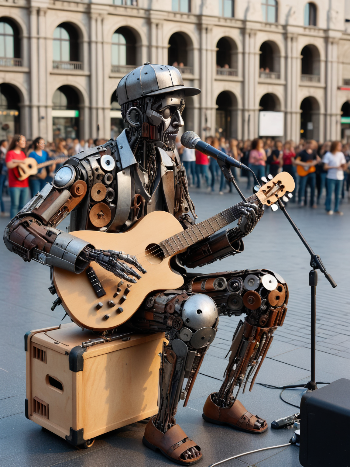 ais-scrapyrd musician, playing a concert in a busy square <lora:Scrapyard_Style_SDXL:1>