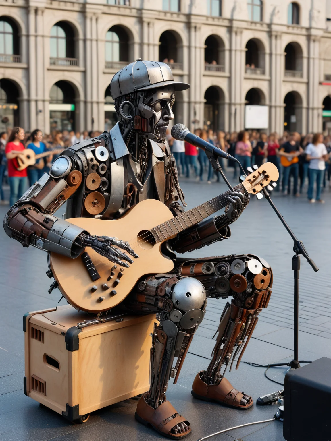 ais-scrapyrd musician, playing a concert in a busy square <lora:Scrapyard_Style_SDXL:1>