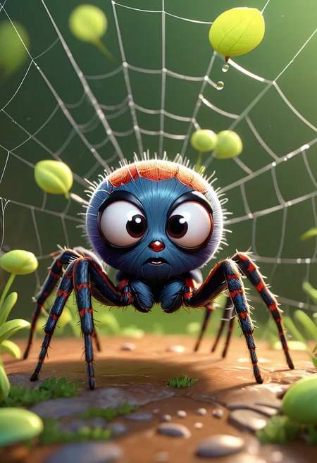 pixar style of a spider, as a cartoon character, tinny cute, spider web, spring , high detailed, photorealistic, 8k , smooth, simple