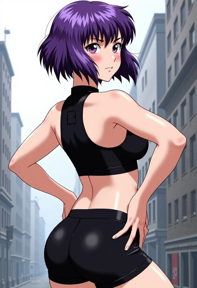 <lora:FLUX\Flux People 01042025\Motoko Kusanagi.safetensors:1.0>, solo, 1girl, motokosac, sweat, expressionless, looking back, hands on own hips, purple hair, black sports bra, black shorts, short shorts, ass, outdoors, city street