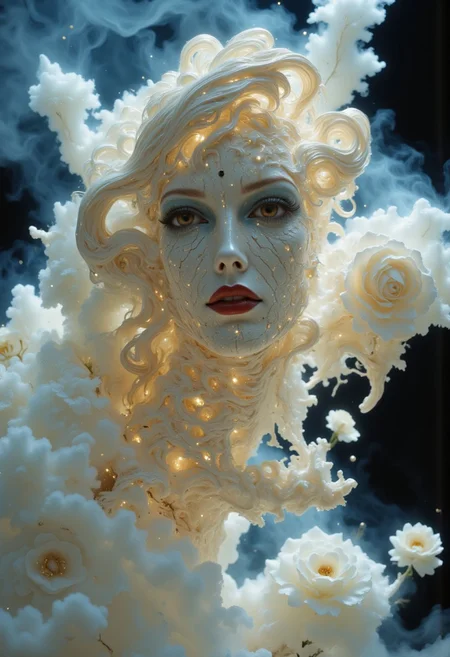 Close-up portrait of a statue of a woman. Her head and body are made of ivory and smooth with numerous, glowing, fine, hairline cracks covering the head and down her neck creating an organic mosaic pattern. She is biomechanical. Her eyes are an intense hazel color with black eyeshadow, and her lips are a rich, deep red color. A spot light focuses on her eyes, creating strong highlights and shadows. The light background is softly blurred showing a sea of white rose petals, but is blurred and out of focus so all visual attention is on the woman's eyes, nose and mouth. Her hair is stark white and falls around the lower half of the image. She is blending in with the background. She is looking at the viewer intensely. Blue and white smoke surround her body. She is like a bust. The overall impression is one of dramatic beauty, with an almost otherworldly quality. (((ultra-realistic style))), realistic soft lighting, eye-catching, atmospheric lighting, smokey environment, natural, shallow depth of field, (highlights: 0.8), high detail (dynamic, sincere, cinematic shot, film grain, bokeh, depth of field)
