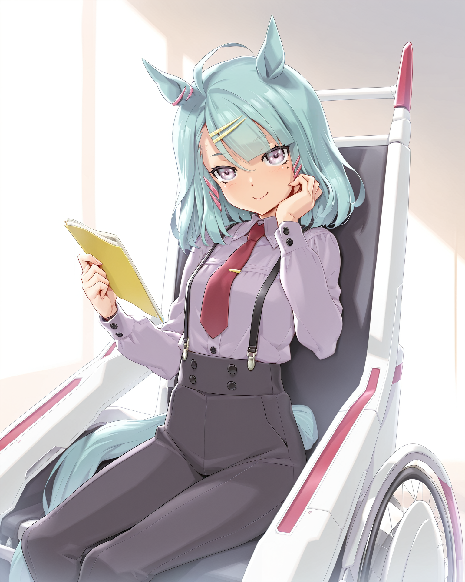 <lora:[ILLU][Chara]èµé©¬å¨-è½®æ¤åå£«SugerLights:0.82>,
<lora:Happoubi_Jin-15:0.8>,
Happoubi_Jin,
masterpiece, best quality,1girl, solo,
Suger Lights \(umamusume\), horse girl, horse tail,   (((smile))),
SLShifuku, red necktie, pants,
looking at viewer, black rose tattoo on shoulder, looking at viewer,
hair ornament, hairclip, bags under eyes, mole under eye, sitting wheelchair, wheelchair,
hand on own cheek, notebook, holding notebook,
indoors, light background,  day,  light,