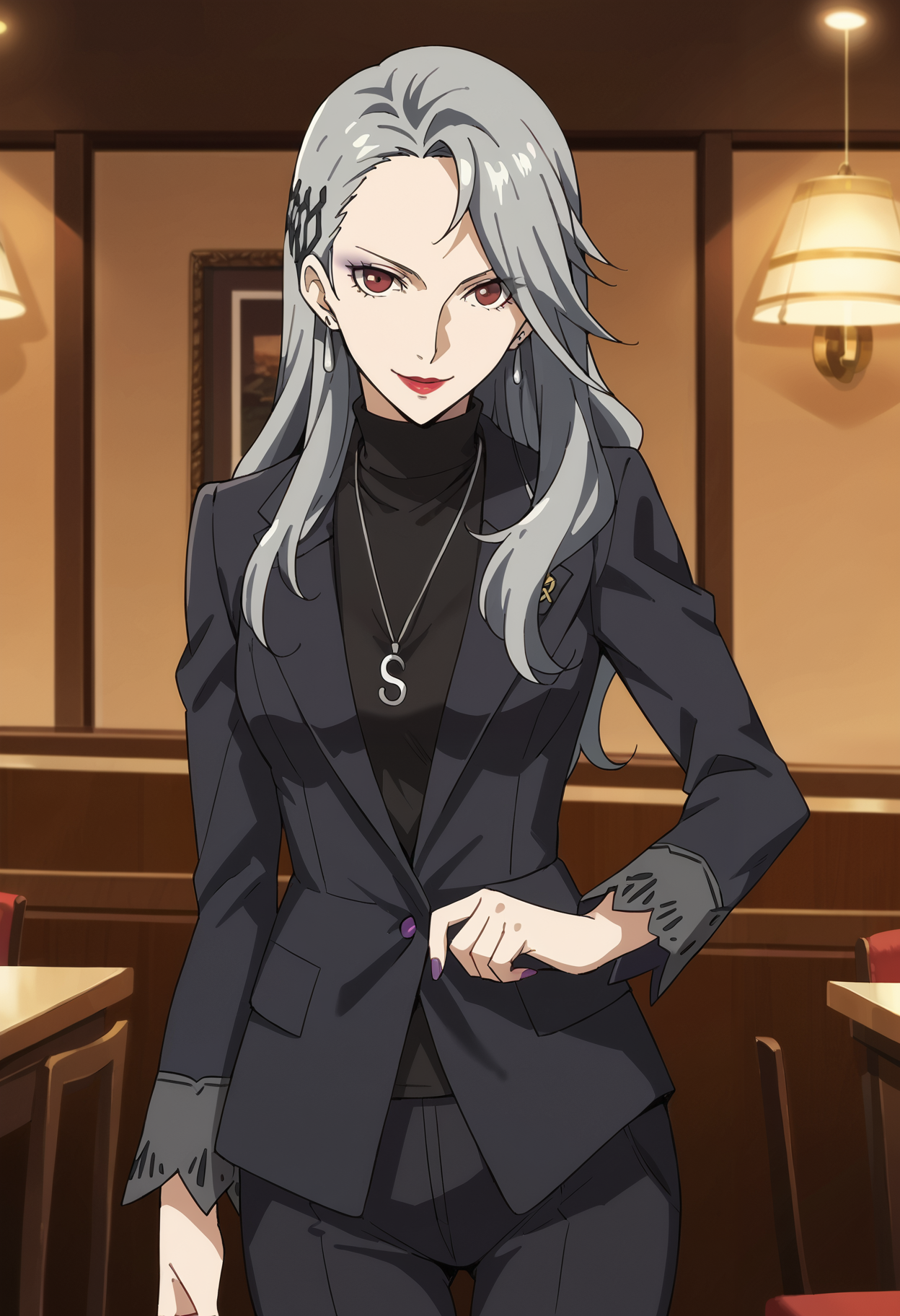 score_9, score_8_up, source_animem
1 girl, solo, cute face,
p5sae, sae niijima, long hair, grey hair, lipstick, makeup, jewelry, earrings, necklace, pendant, red lips, purple eyeshadow,
p5sae, p5sae-default, jewelry, earrings, pendant, pant suit, formal, turtleneck, suit, lapel pin, purple nails,
cafe, standing, looking at viewer, smile,
masterpiece, best quality, ultra detailed,