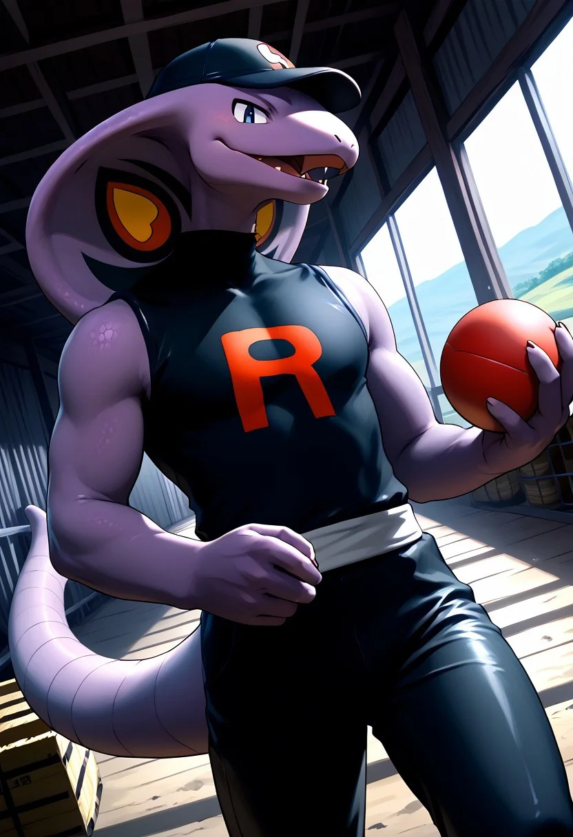 score_9, score_8_up, score_7_up, score_6_up, score_5_up,  (dutch angle), (solo, male_focus), (arbok, snake, pokemon, anthro, wearing team rocket uniform, black pants, black cap with red R), (holding a master ball, dynamic pose), (warehouse, indoor), (extremely detailed background, detailed landscape), (extremely detailed, masterpiece, high quality)