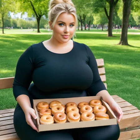 Close up  photo, awesome, blonde, blue eyes, cute seductive obese woman with a big fat belly, in a black tank top and black leggings, with her hair in a messy bun, in a park holding a box of donuts on a bench (best quality, high quality, photograph, hyperrealism, masterpiece, 8k:1.3 trending, rule of thirds,  Fujifilm XT3, Canon R5, Fujicolor Fujichrome Velvia 100, wide angle, mystic light, hdr, 8k, full details, best photo award
fat, bellysag, plump, large ass, curvy, fat belly, belly hang, bottomheavy, big ass