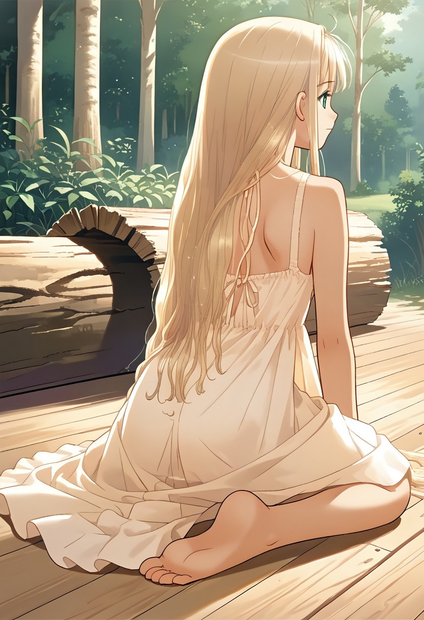 hortensia,score_9,score_8_up,score_7_up,source_anime,best quality,masterpiece,illustration,8k,smooth_lines,1girl,solo,(very_long_hair:1.3),long_sundress,barefoot,log_home,wood_floor,kneeling,((back)),defined_sole